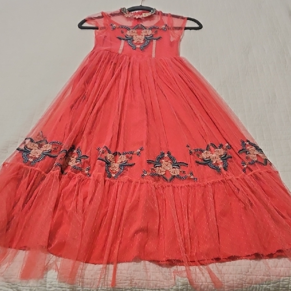 Elegant Coral Dress with Floral Embroidery